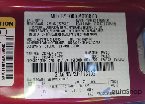 2018 Ford Fusion Sport z USA, uszkodzony, nr VIN 3FA6P0VP3JR113105